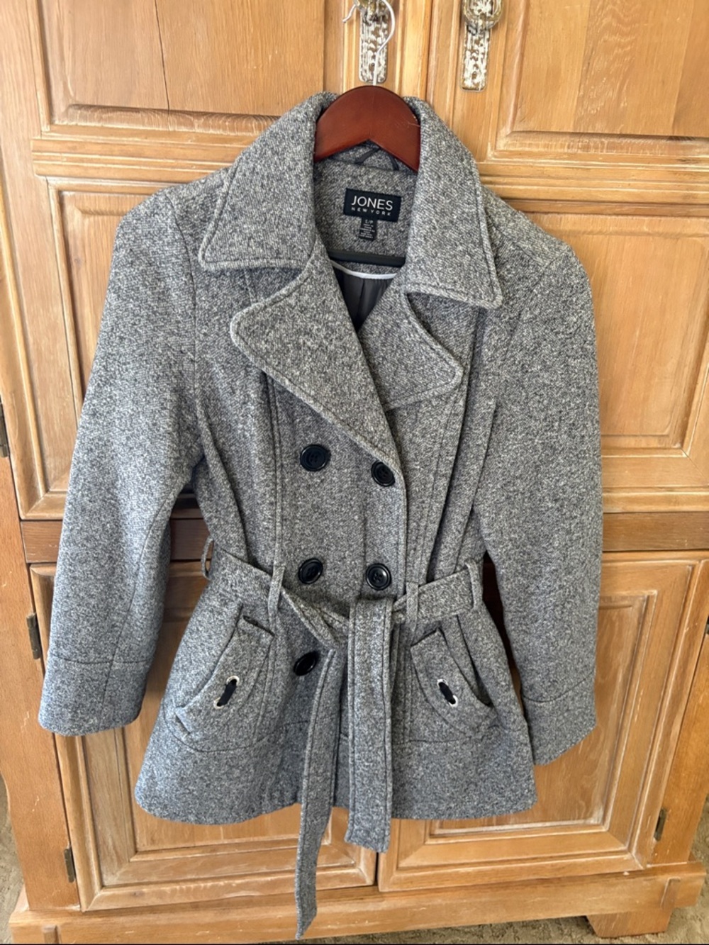 Jones New York Heather Gray Double-Breasted Belted Peacoat